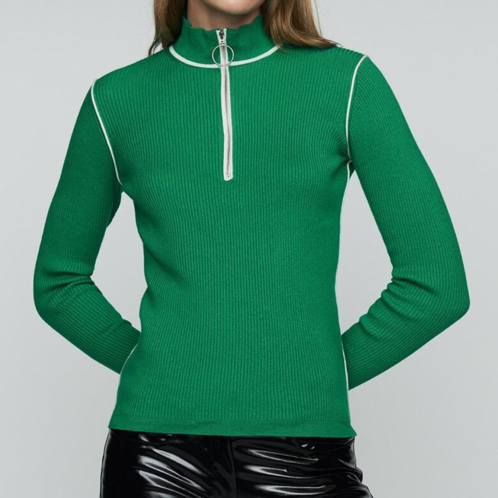 Maje | Emerald Green Ribbed Knit Sweater with Trucker Collar - XS